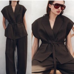 Zara Set 2 Pc Linen Blend Waistcoat Wrap Vest and Pants Brown Size S/M